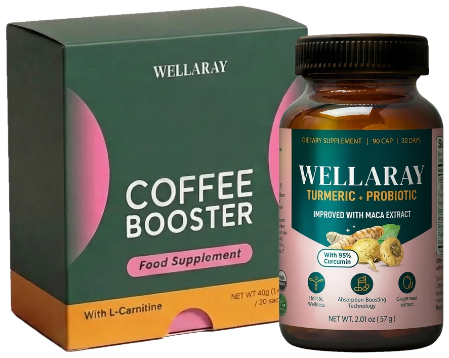 Coffee Booster box and Turmeric + Probiotic Blend bottle